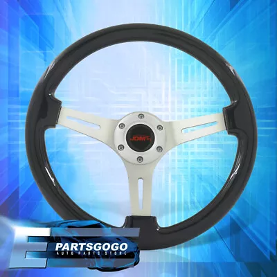 Universal 14inch 350mm Black Wood Silver Deep Dish Steering Wheel 6 Bolts Button • $56.99