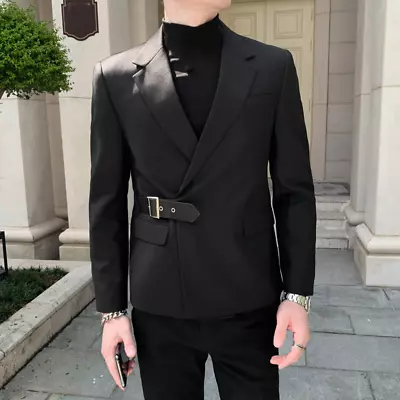 Men's Casual Jacket Black Dress Suit Blazer Slim-Fit Casual With Belt Suit Coat • $90.61