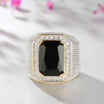 Sapphire Black Gemstone 18K Gold Plated Crystal Rings Men's Jewelry Size 7-12 • $8.51