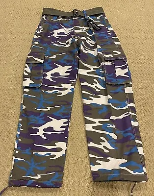 NWT Men’s Nathan Purple Blue Camo Camouflage Belted Cargo Pocket Pants ALL SIZES • $23.99