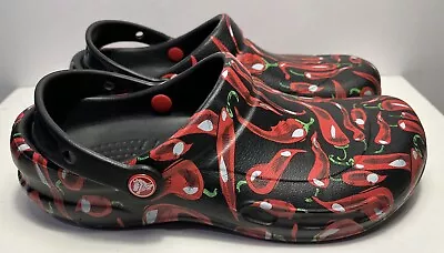 Crocs Shoes Unisex Men 8 Womens 10 Red Black Bistro Chili Pepper All Over Clogs • $35