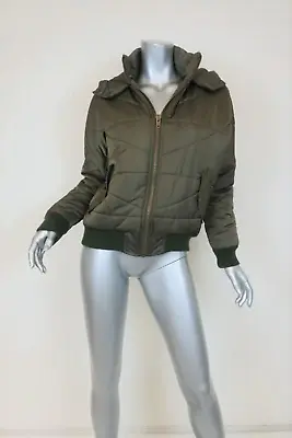NSF Puffer Jacket Veda Olive Tech-Satin Size Petite Hooded Zip-Front • $83.20