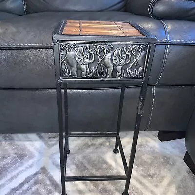 Vintage MCM Bamboo Metal Elephant Embossed Square Pedestal Plant Stand Table • $99.99