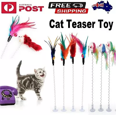 Pet Cat Toy Spring Suction Cup Bell Mice Mouse Feather Fun Interactive Kitten AU • $14.49