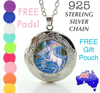 $13.50 • Buy Unicorn Rainbow Essential Oil Diffuser Glass Locket 925 Sterling Silver Necklace