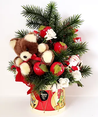 Vtg Christmas Plastic Floral Arrangement Plush Bear Flocked Santa Drummer Boys • $24.50