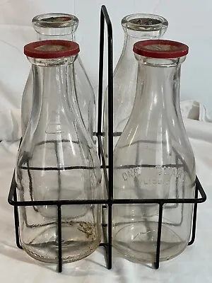 Vintage 4 Milk Bottles With Caps & Carrier Caddy Crate Pink Tint • $33.83