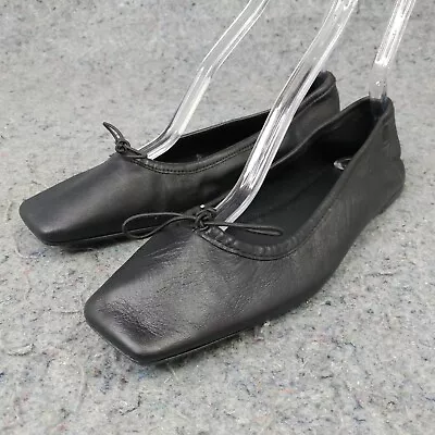 ZARA Ballet Flats Womens 40 EU Squared Toe Very Soft Leather Bow Black Shoes • $35