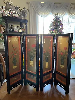 Vintage Asian Floral Jade Hand Carved Table Top 4 Panel Screen Glass Divider • $299