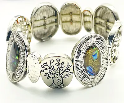Oval Metal Panel Stretch Bracelet Silver Tone Tree Of Life Abalone Shell Classic • $14.99