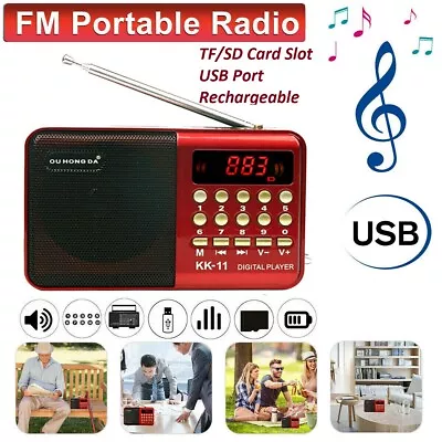 Rechargeable Mini Digital Portable Radio MP3 Music Player FM USB SD Card Speaker • £12.49