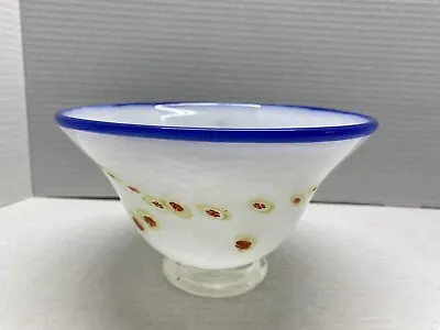 Italian Art Footed Glass Bowl White With Blue Rim And Intricate Millefiori • $35