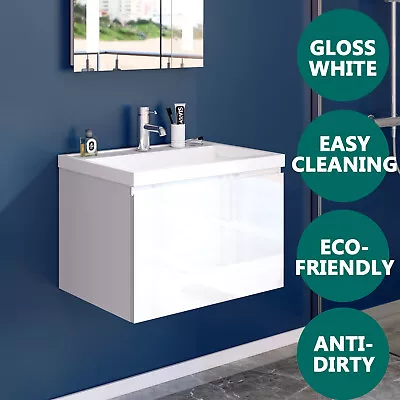 Bathroom Vanity Cabinet Unit Storage Wall Hung Easy Clean High Gloss White 600mm • $368