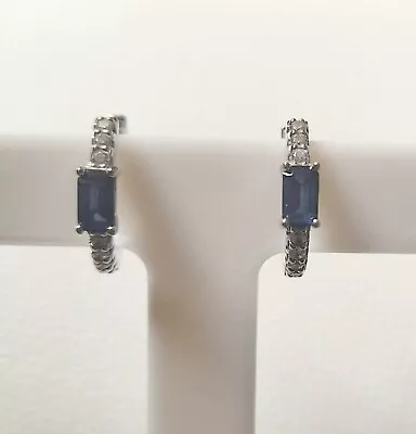 Sterling Silver Simulated Tanzanite  Blue Diamonique Hoop Earrings QVC. • £22