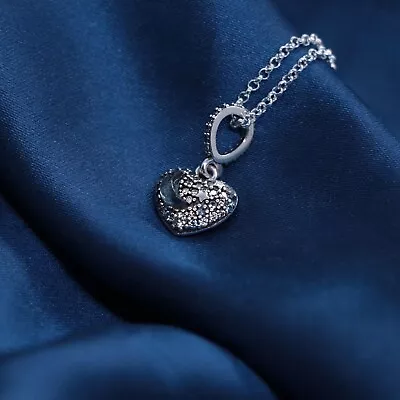 New Pandora Womens Silver Necklace Sparkling Blue Moon Stars & Heart Pendant Uk • £21.49