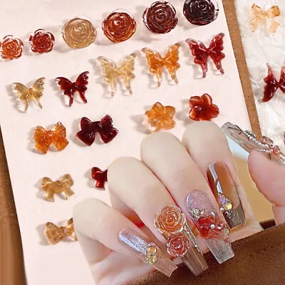 Mixed Brown Grey 3D Nail Rhinestones Bowknot Flower Gems Nail Art Charms Supply • £1.67