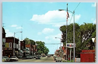 Main Street~Phillips WI~Mobil Gas~Furniture Store~Motel~Flag Pole~Vintage PC • $3.50