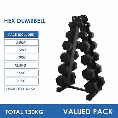 $579 • Buy 2.5kg To 20kg Hex Dumbbell & Storage Rack Bundle (6 Pairs - 130kg)
