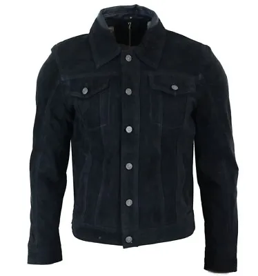 Men Classic Trucker Jacket Dark Blue Western Denim Style Real Suede Shirt • $142.49