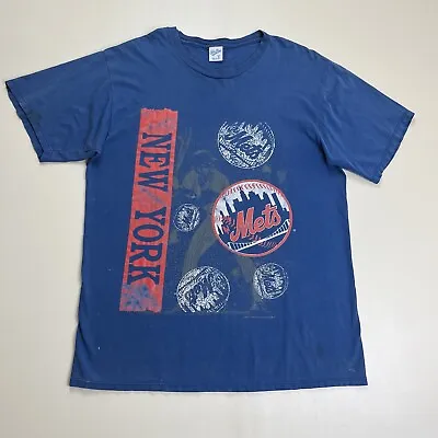 Vintage 90s New York Mets T Shirt XL Velva Sheen Portrait Logo Blue Stained • $20