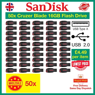 SanDisk Cruzer Blade 16GB USB 2.0 Flash Drive 1/5/25/50 Pack Wholesale • £57.99