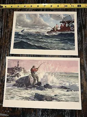 Vintage LITHOGRAPHS PRINTS FISHING SCENES ON QUALITY PAPER 7” X 10” Frame Worthy • $24