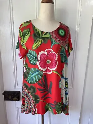 Desigual Size 16 XL Emilio Red Floral Blouse Top New W Tags Round Neck Short Sle • $35
