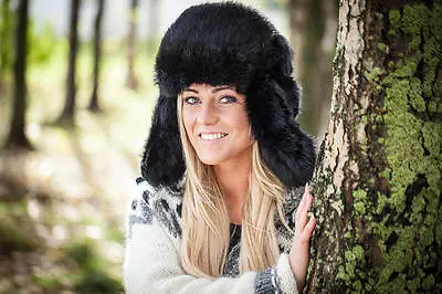 Black Genuine Rabbit Fur Russian Ushanka Winter Hat Trapper Aviator W/Ear Flaps • £81.99