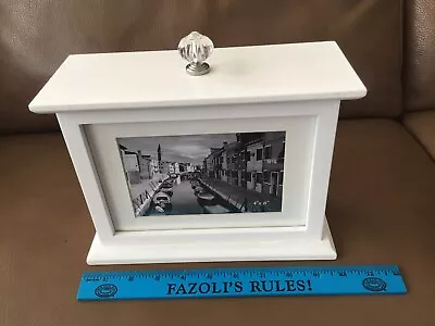 White Wood Photo Storage Box ~Hinged Lid ~ Holds 40 (4  X 6 ) Pics~ Crystal Knob • $12