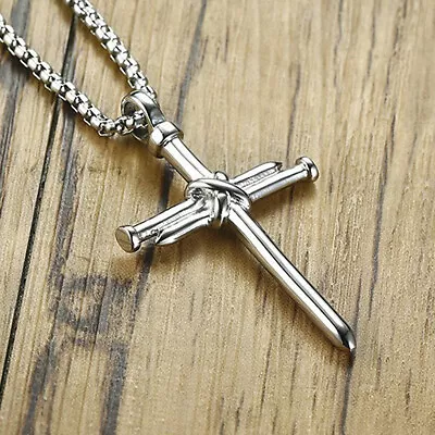 Men Women Jesus Nail Rope Cross Pendant Necklace Stainless Steel Chain Silver • $10