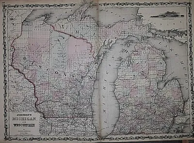 Old 1861 Johnson Atlas Map ~ MICHIGAN - WISCONSIN ~ DETROIT - MADISON - SUPERIOR • $34