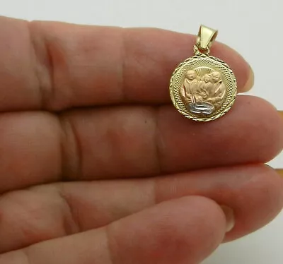 14K Gold Double Side Holy Family Virgin Mary Small Round Religious Pendant Charm • $89.50