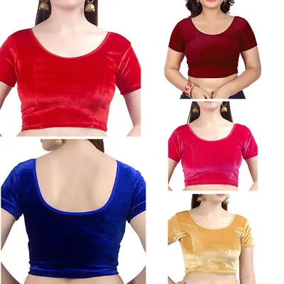 Women's Velvet Sari Blouse Bollywood Ready-Made Party Wear Crop Top Choli • £17.39