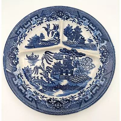 Vintage 10  Blue Willow Divided Grill Plate Curved Sections Moriyama Japan Heavy • $8.99