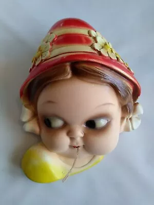 Vintage Chalkware String Holder Girl With Bonnet Wall Mount EUC • $30