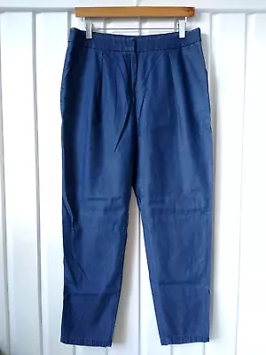 £14 • Buy M&S Tapered Trousers Size 12 Blue Chambray Peg Leg Lightweight Pleated Front