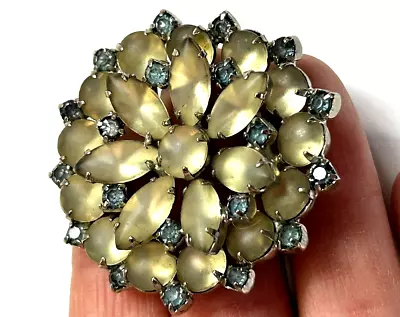 Vintage Unsigned Round Moonstone Rhinestone Flower Brooch Pin Schreiner Trifari • $15.99