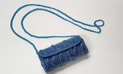 New Handmade Blue Beaded Sequin Evening Bag Clutch W/ Strap Made In Nepal • $19.99