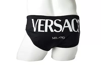 Versace Men's Black Logo Print Brief Swim Bottom Versace Sz 6 US XL IT 54 • $129.99