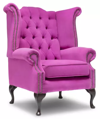 FAST DELIVERY Chesterfield Highback Queen Anne Chair Plush Pink Velvet • £599.99