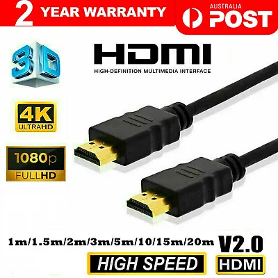 $6.95 • Buy 1.5M 3M 5M 10M 15M 20M HDMI Cable V2.0 4K Ultra HD 3D High Speed Ethernet Black