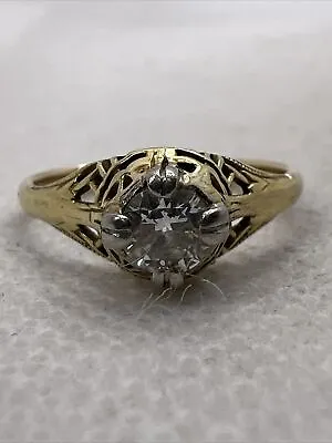 VINTAGE HANDMADE 18K T/Tone Gold Solitaire Diamond Filigree Engagement Ring 1.9g • $499.99