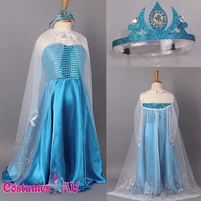 Girl Dress Disney Frozen Elsa Party Birthday Fancy Costume Dress + Cape + Crown • $18.34