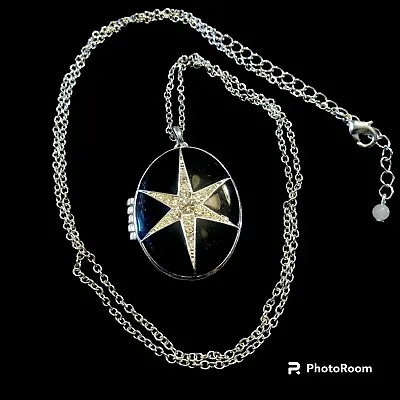Avon NRO Starburst Star Locket Rhinestones Enamel Silver Tone Chain • $18.99