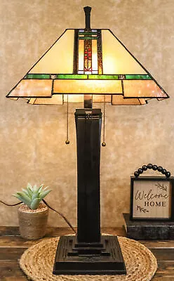 Louis Tiffany Mission Style Geometric Vectors Stained Glass Shade Table Lamp • $312.99