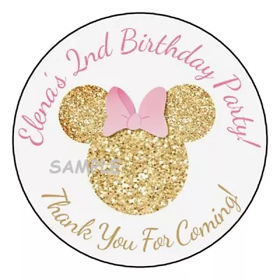 12 Pink & Gold Minnie Mouse Birthday Stickers Labels Tags Party Favors Custom • $4.99