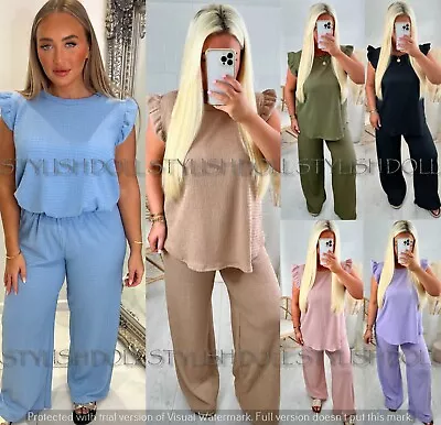 Women's Cheesecloth Frill Sleeve Top Trousers Summer 2PCS Co Ord Loungewear Sets • £19.90