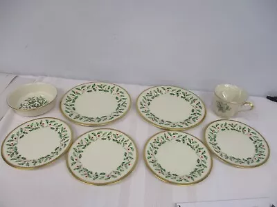 8 Pcs Lenox Holiday Dimension Christmas Holly Salad Bread Butter Teacup & Bowl • $50
