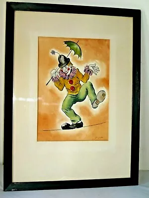 23  X 17.5  VTG  CLOWN ON WIRE  WATERCOLOR PAINTING SIGNED JANE SAPPER FRAMED  • $115