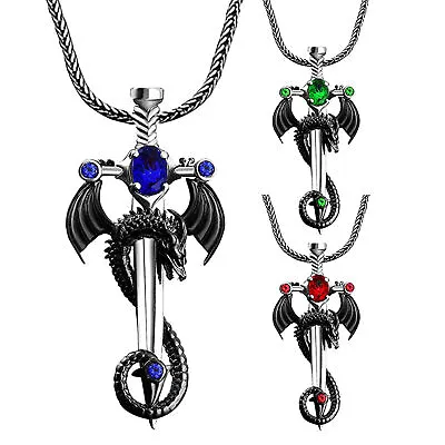 Gothic Men Dragon Necklace Vintage Dragon Cross Pendant Necklace Jewelry • £6.59